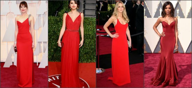 Чем темнее кожа, тем теплее должен быть оттенок красного платья