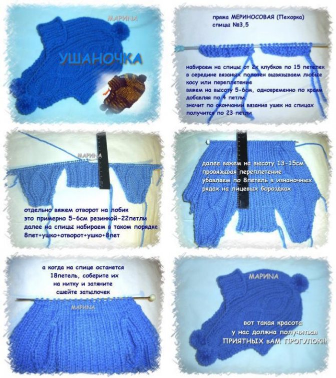 Этапы вязания детской шапки-ушанки спицами