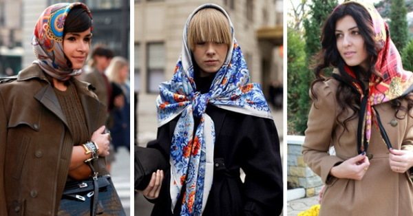 Как носить павлопосадский платок на голове. Фото с пальто, шубой, пуховиком, платьем