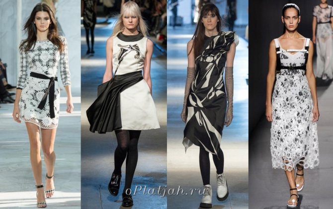 модные платья вчерно-белом цветес драпировками и многослойные