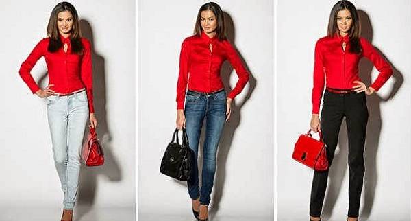 красная блуза с джинсами